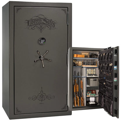 Liberty Magnum 50 gun safe in Gray marble finish with black chrome hardware and premium interior.