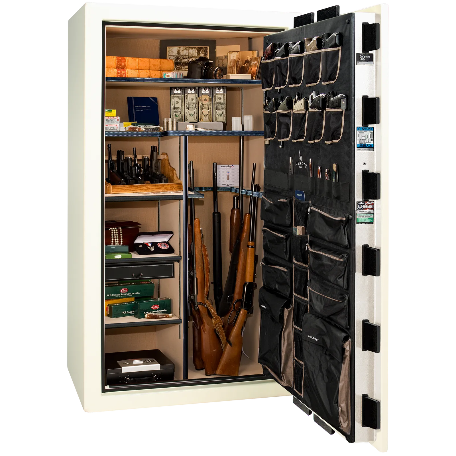 Premium interior of the Liberty Magnum 50 gun safe paired with the White marble finish, featuring adjustable shelving, door organizer, long gun storage, and deluxe interior configuration.