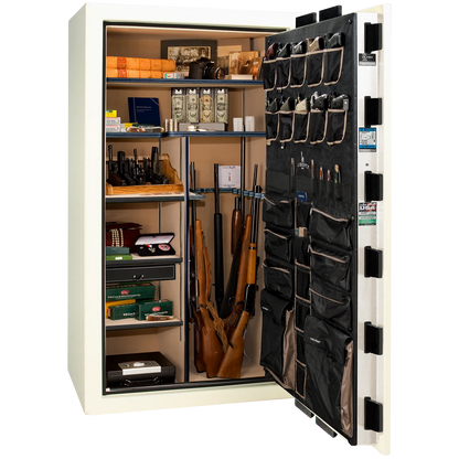 Premium interior of the Liberty Magnum 50 gun safe paired with the White marble finish, featuring adjustable shelving, door organizer, long gun storage, and deluxe interior configuration.