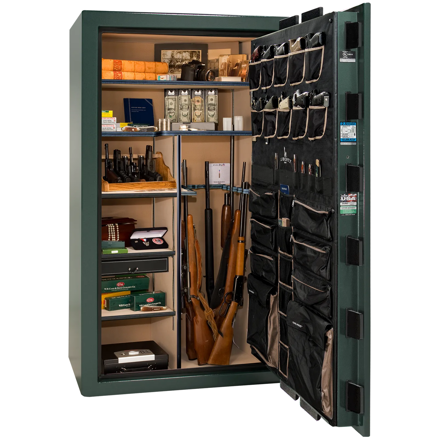 Premium interior of the Liberty Magnum 50 gun safe paired with the Green marble finish, featuring adjustable shelving, door organizer, long gun storage, and deluxe interior configuration.