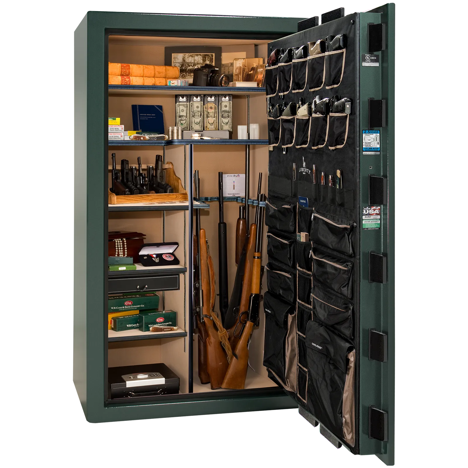 Premium interior of the Liberty Magnum 50 gun safe paired with the Green marble finish, featuring adjustable shelving, door organizer, long gun storage, and deluxe interior configuration.