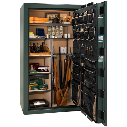 Premium interior of the Liberty Magnum 50 gun safe paired with the Green marble finish, featuring adjustable shelving, door organizer, long gun storage, and deluxe interior configuration.