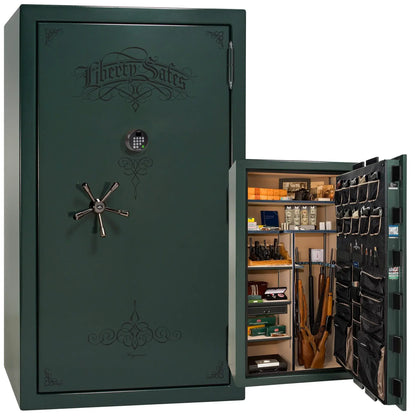 Liberty Magnum 50 gun safe in Green marble finish with black chrome hardware and premium interior.