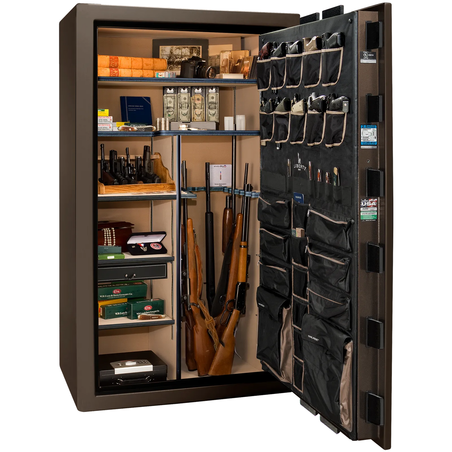 Premium interior of the Liberty Magnum 50 gun safe paired with the Bronze gloss finish, featuring adjustable shelving, door organizer, long gun storage, and deluxe interior configuration.