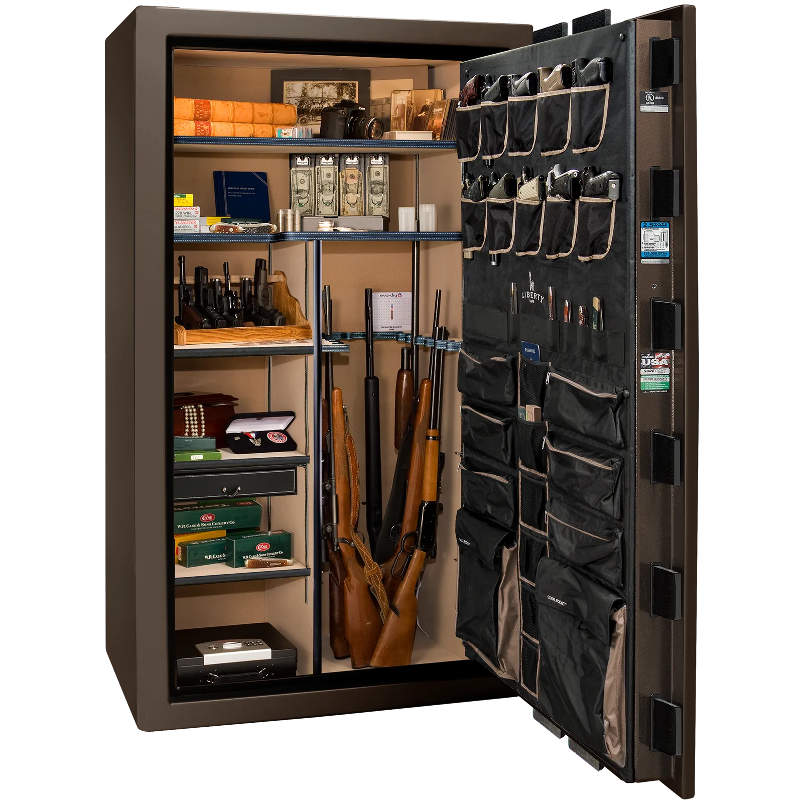 Premium interior of the Liberty Magnum 50 gun safe paired with the Bronze gloss finish, featuring adjustable shelving, door organizer, long gun storage, and deluxe interior configuration.