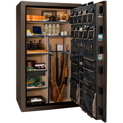 Premium interior of the Liberty Magnum 50 gun safe paired with the Bronze gloss finish, featuring adjustable shelving, door organizer, long gun storage, and deluxe interior configuration.