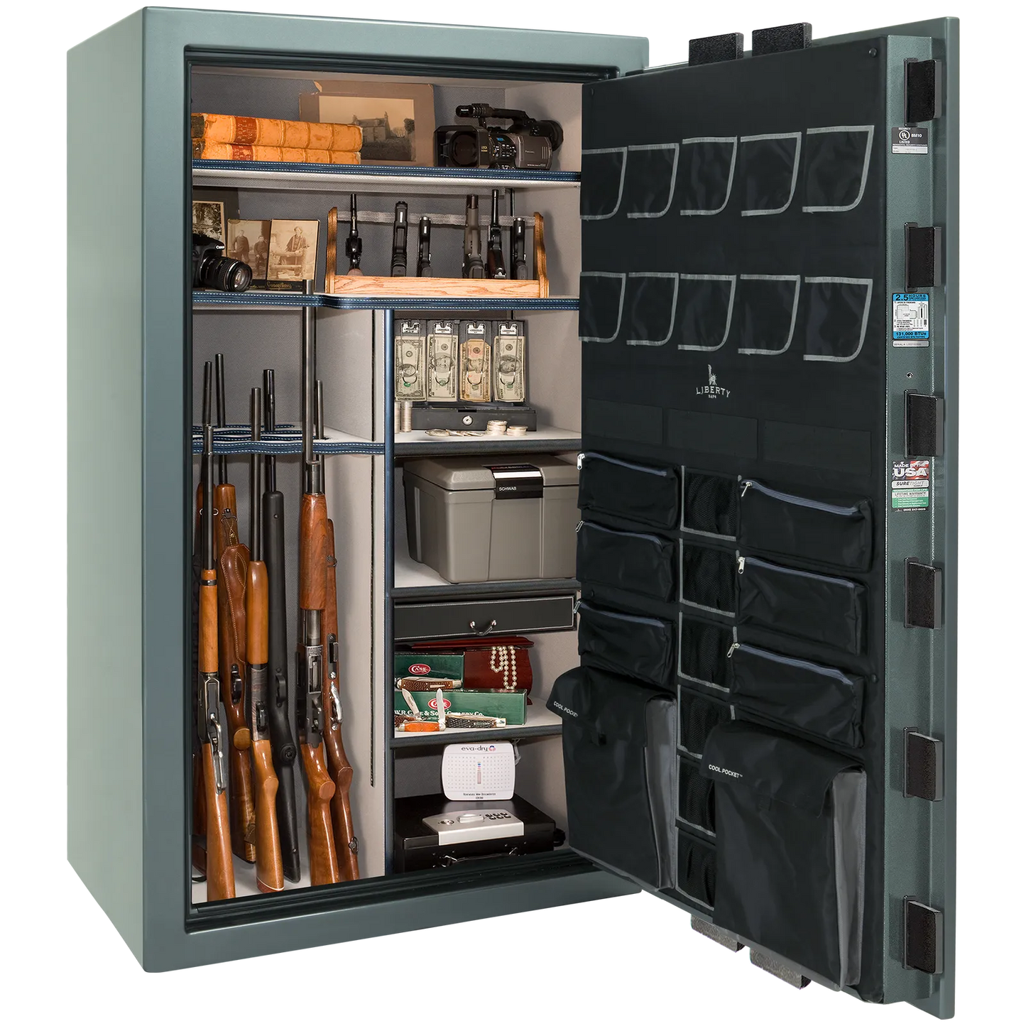 Premium interior of the Liberty Magnum 50 gun safe paired with the Forest Mist gloss finish, featuring adjustable shelving, door organizer, long gun storage, and deluxe interior configuration.