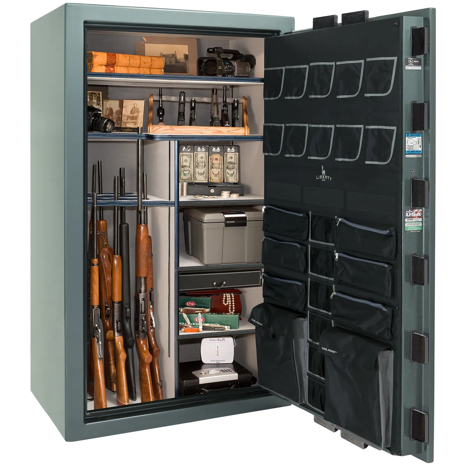 Premium interior of the Liberty Magnum 50 gun safe paired with the Forest Mist gloss finish, featuring adjustable shelving, door organizer, long gun storage, and deluxe interior configuration.