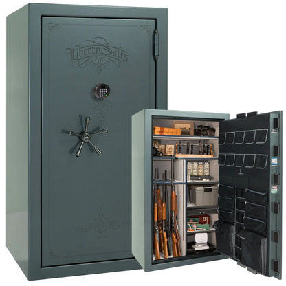 Liberty Magnum 50 gun safe in Forest Mist gloss finish with black chrome hardware and premium interior.