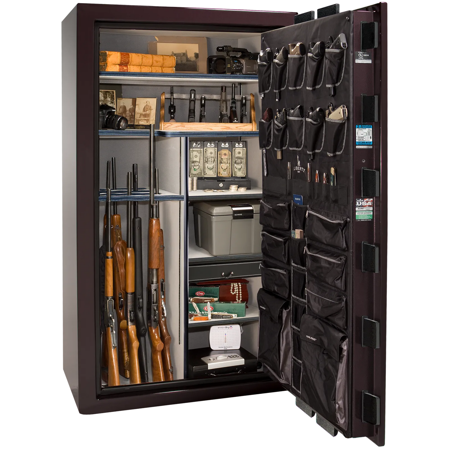 Premium interior of the Liberty Magnum 50 gun safe paired with the Black Cherry gloss finish, featuring adjustable shelving, door organizer, long gun storage, and deluxe interior configuration.
