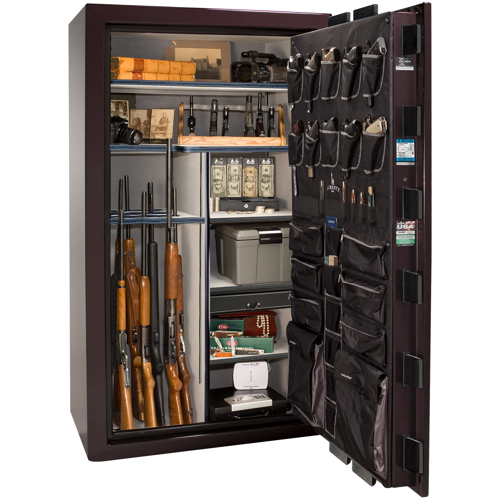 Premium interior of the Liberty Magnum 50 gun safe paired with the Black Cherry gloss finish, featuring adjustable shelving, door organizer, long gun storage, and deluxe interior configuration.