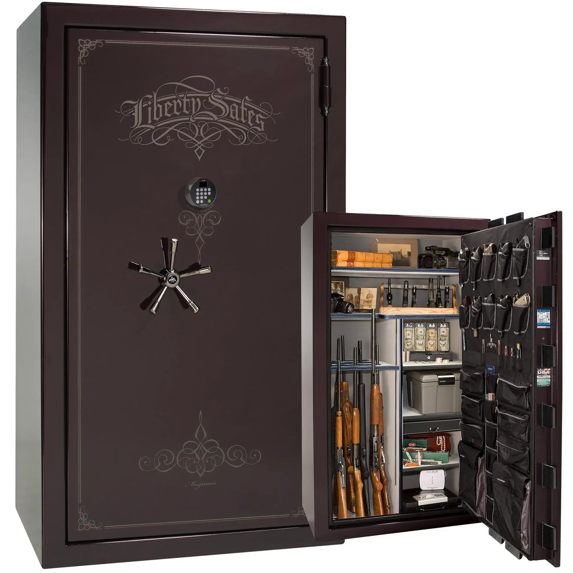 Liberty Magnum 50 gun safe in Black Cherry gloss finish with black chrome hardware and premium interior.