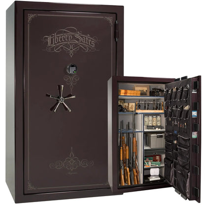 Liberty Magnum 50 gun safe in Black Cherry gloss finish with black chrome hardware and premium interior.