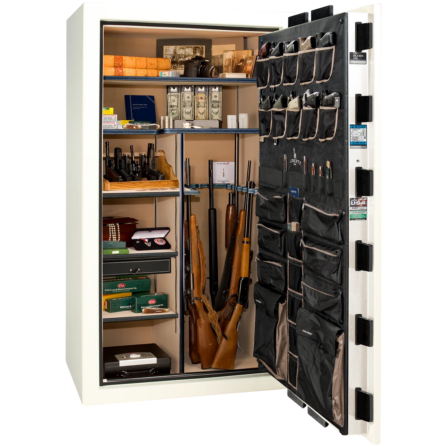 Premium interior of the Liberty Magnum 50 gun safe paired with the White gloss finish, featuring adjustable shelving, door organizer, long gun storage, and deluxe interior configuration.