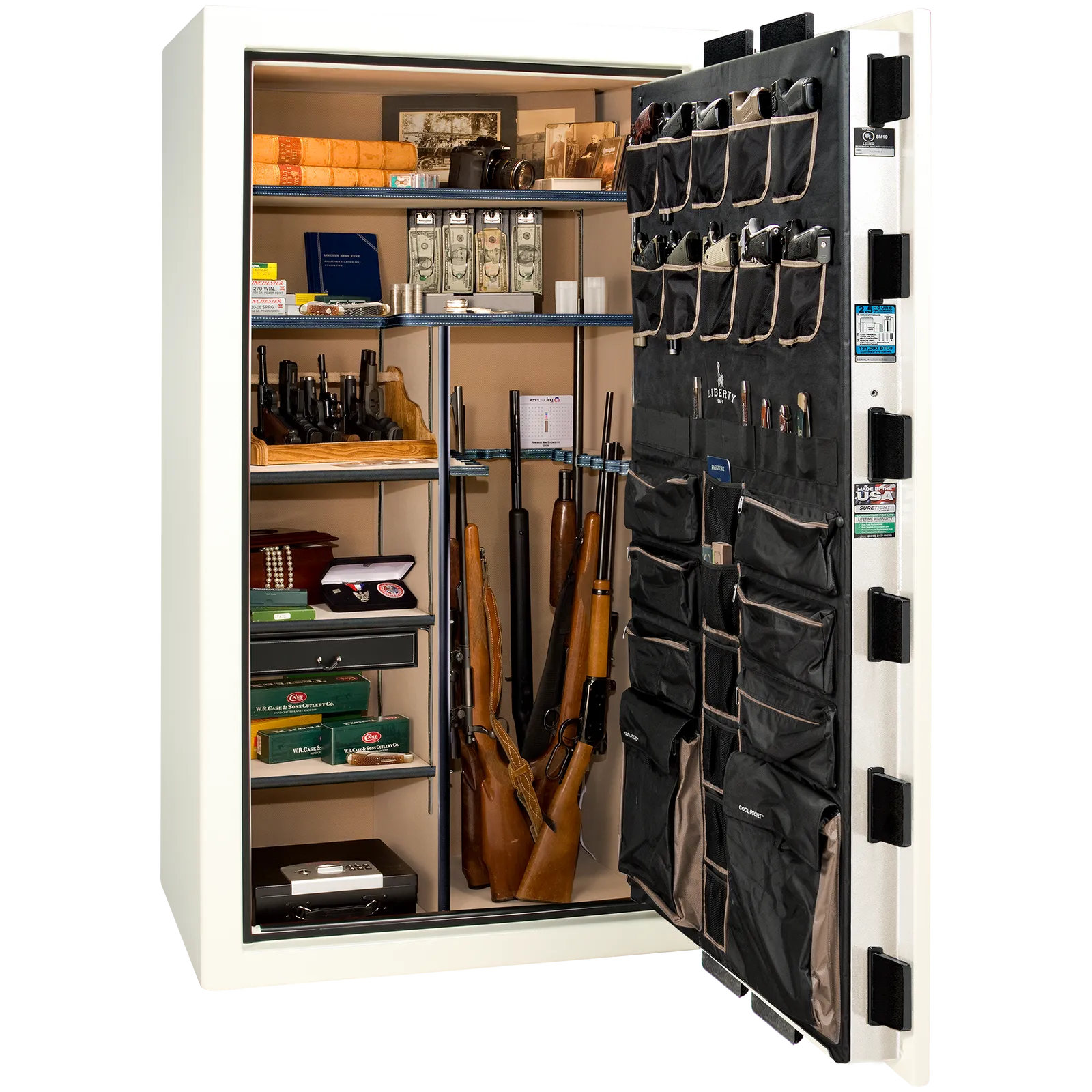 Premium interior of the Liberty Magnum 50 gun safe paired with the White gloss finish, featuring adjustable shelving, door organizer, long gun storage, and deluxe interior configuration.