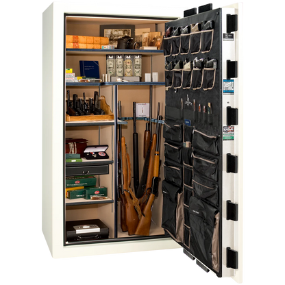 Premium interior of the Liberty Magnum 50 gun safe paired with the White gloss finish, featuring adjustable shelving, door organizer, long gun storage, and deluxe interior configuration.