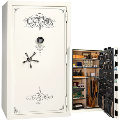 Liberty Magnum 50 gun safe in White gloss finish with black chrome hardware and premium interior.