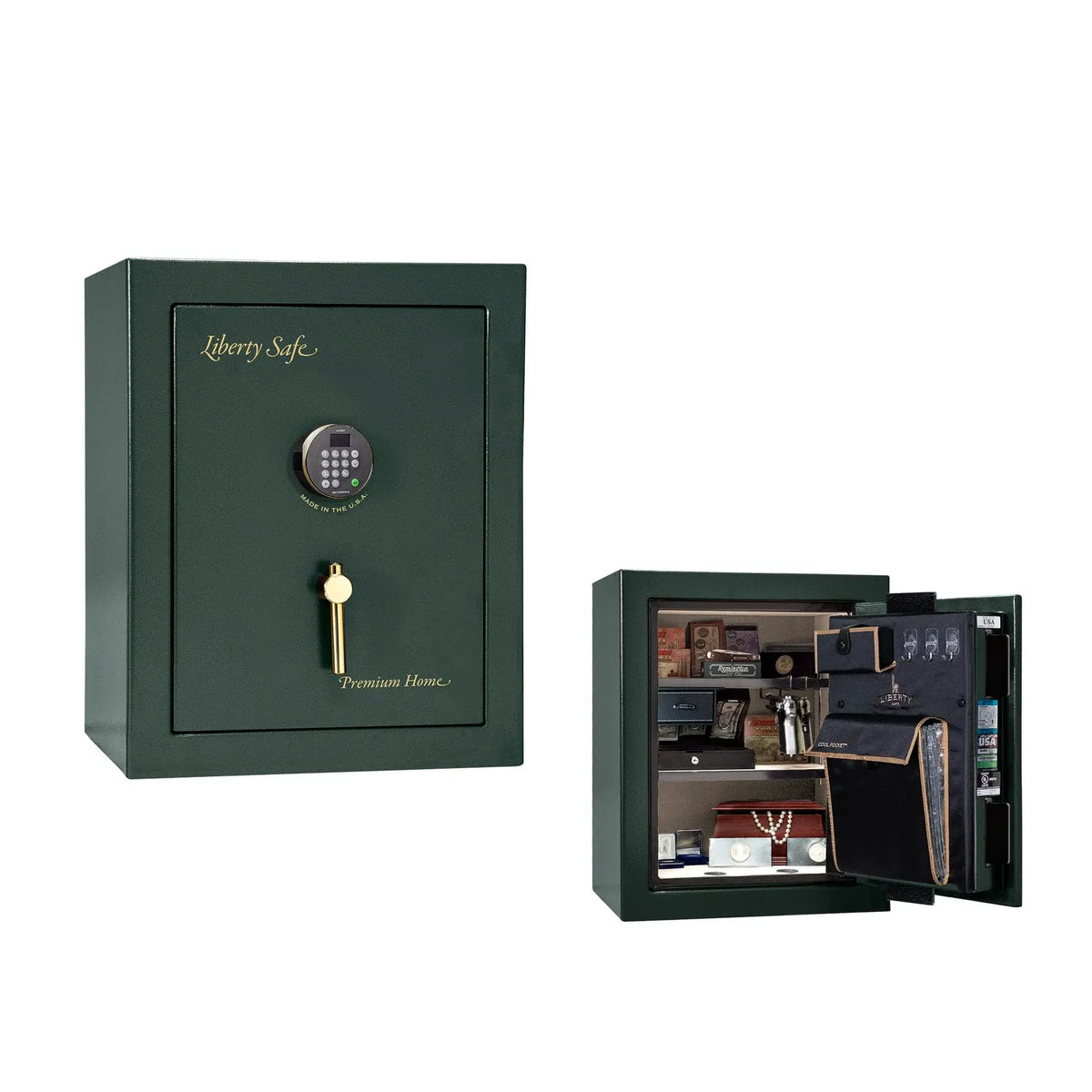 Liberty Premium Home 08 safe in Green Gloss with Brass hardware and Dormakaba 702D electronic lock.