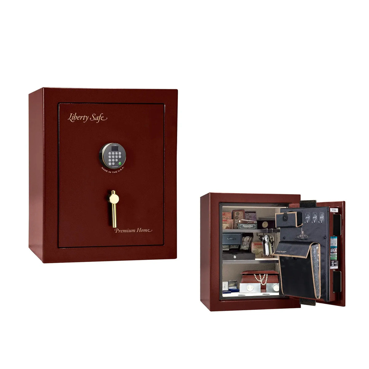 Liberty Premium Home 08 safe in Burgundy Gloss with Brass hardware and Dormakaba 702D electronic lock.