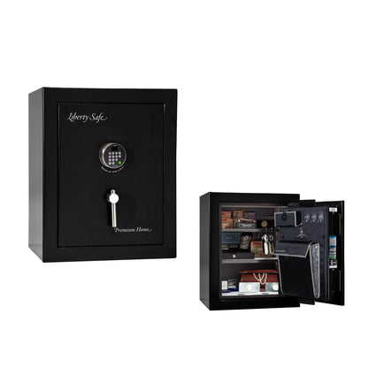 Liberty Premium Home 08 safe in Black Gloss with Chrome hardware and Dormakaba 702D electronic lock.