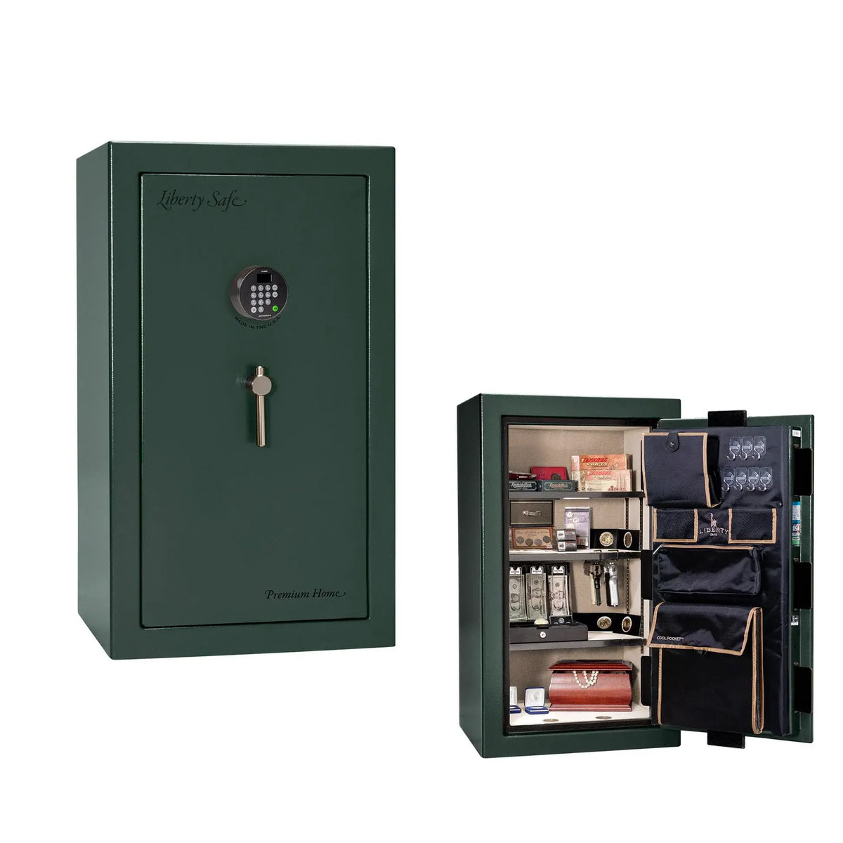 Liberty Premium Home 12 safe in Green Gloss with Black Chrome hardware and Dormakaba 702D electronic lock.