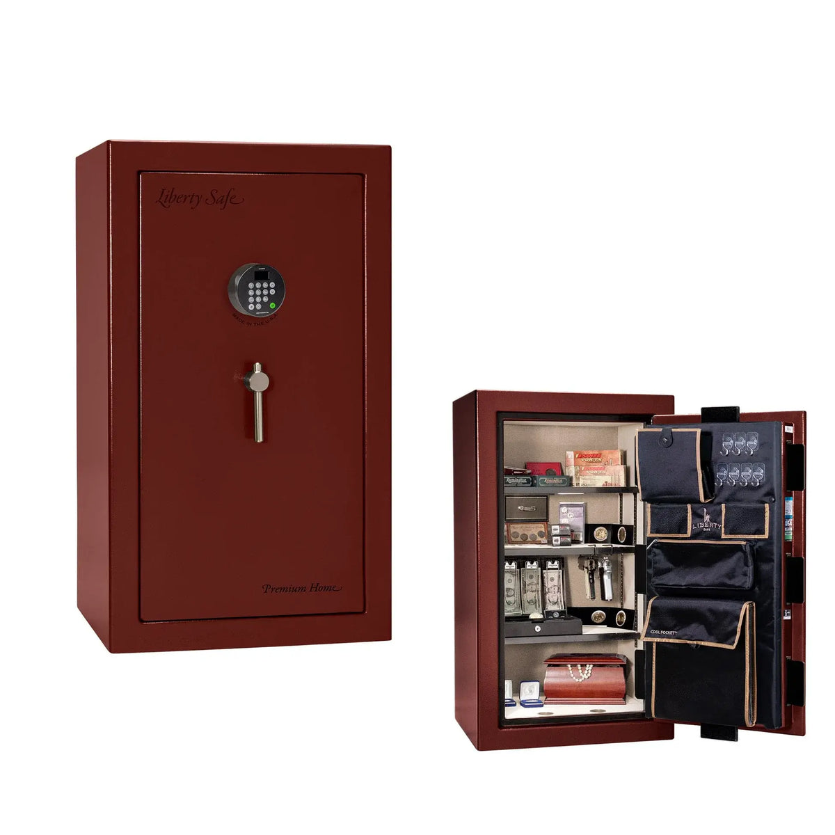 Liberty Premium Home 12 safe in Burgundy Gloss with Black Chrome hardware and Dormakaba 702D electronic lock.