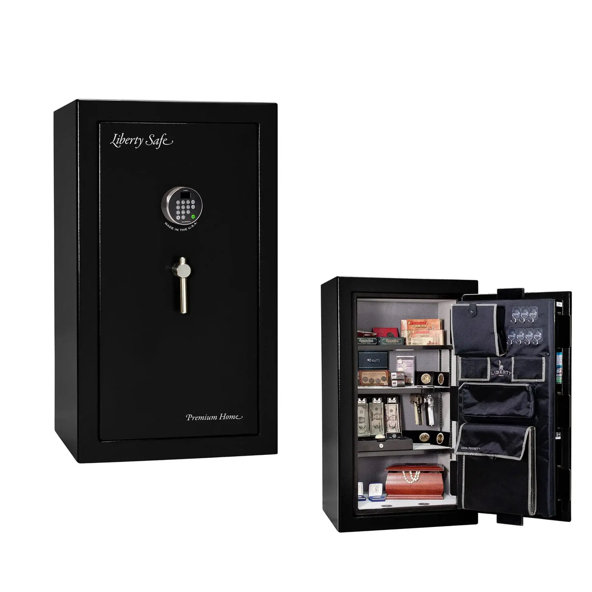 Liberty Premium Home 12 safe in Black Gloss with Chrome hardware and Dormakaba 702D electronic lock.