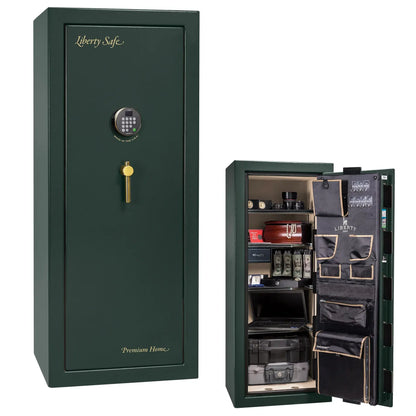 Liberty Premium Home 17 safe in Green Gloss with Brass hardware and Dormakaba 702D electronic lock.