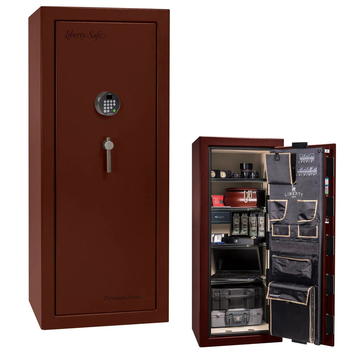 Liberty Premium Home 17 safe in Burgundy Marble with Black Chrome hardware and Dormakaba 702D electronic lock.