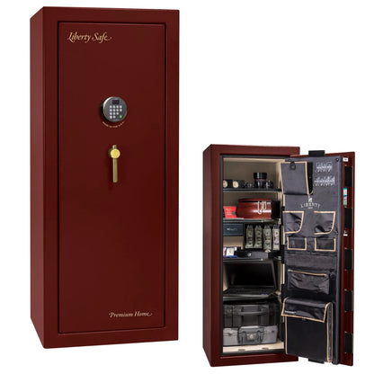 Liberty Premium Home 17 safe in Burgundy Marble with Brass hardware and Dormakaba 702D electronic lock.