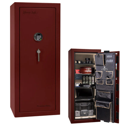 Liberty Premium Home 17 safe in Burgundy Gloss with Black Chrome hardware and Dormakaba 702D electronic lock.