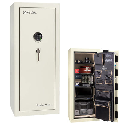 Liberty Premium Home 17 safe in White Gloss with Black Chrome hardware and Dormakaba 702D electronic lock.