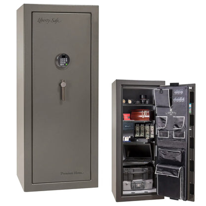 Liberty Premium Home 17 safe in Gray Gloss with Black Chrome hardware and Dormakaba 702D electronic lock.
