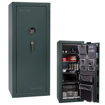 Liberty Premium Home 17 safe in Forest Mist Gloss with Black Chrome hardware and Dormakaba 702D electronic lock.