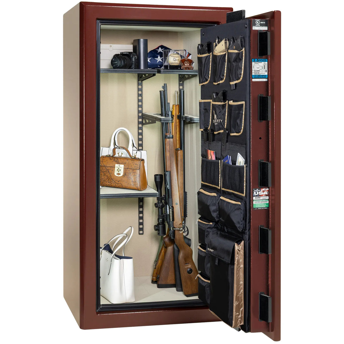 Liberty Presidential 25 safe in Burgundy Marble with loaded Pro Flex interior.