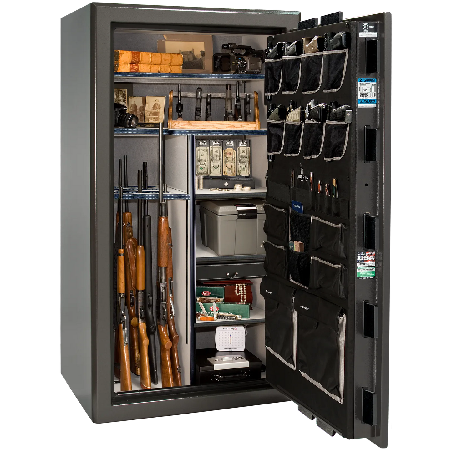 Liberty Safe Presidential 40 in Gray Marble with Black Chrome hardware, open door.