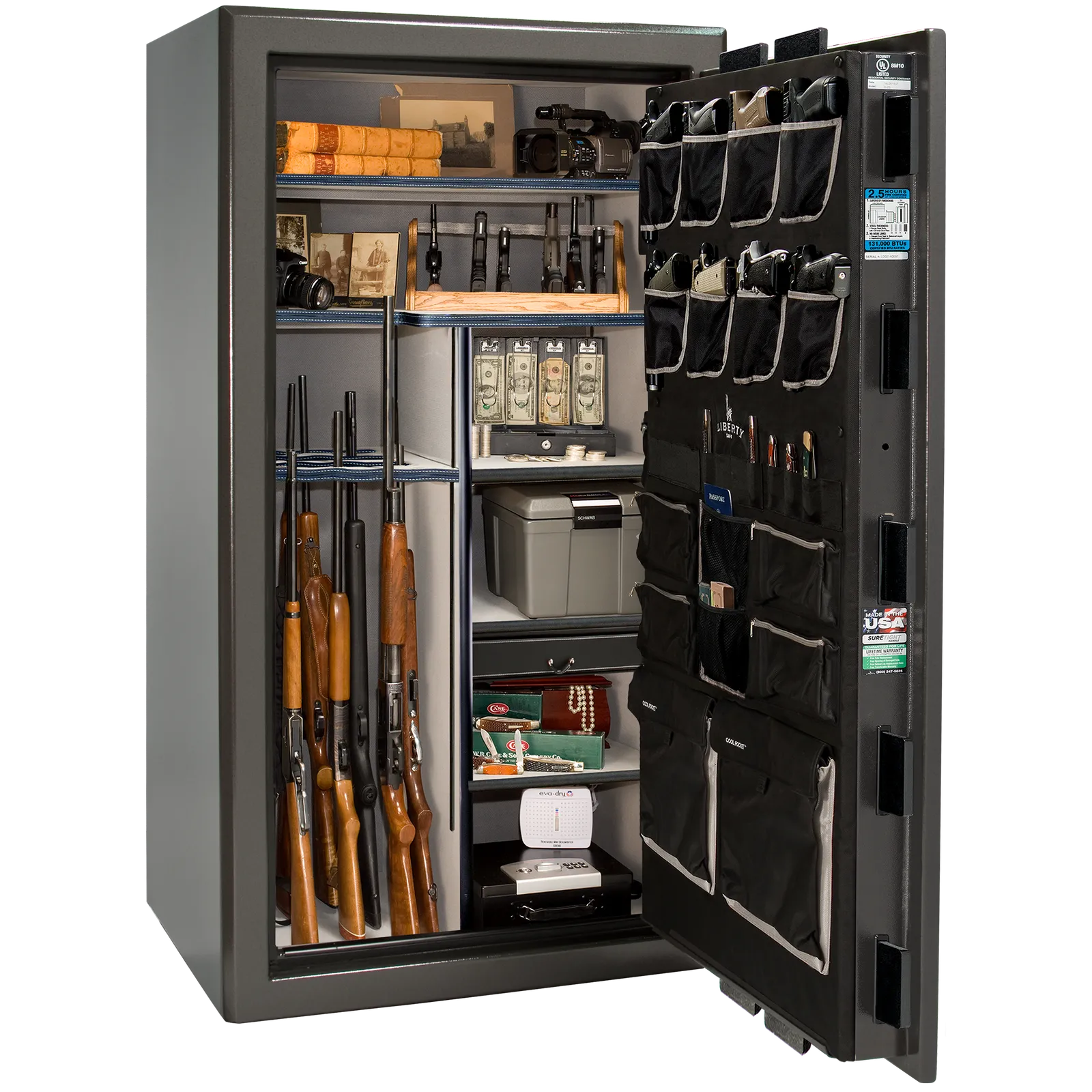 Liberty Safe Presidential 40 in Gray Marble with Black Chrome hardware, open door.