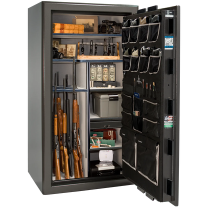 Liberty Safe Presidential 40 in Gray Marble with Black Chrome hardware, open door.