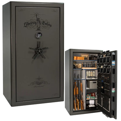 Liberty Safe Presidential 40 in Gray Marble with Black Chrome hardware with Black Chrome Electronic Lock, closed door.