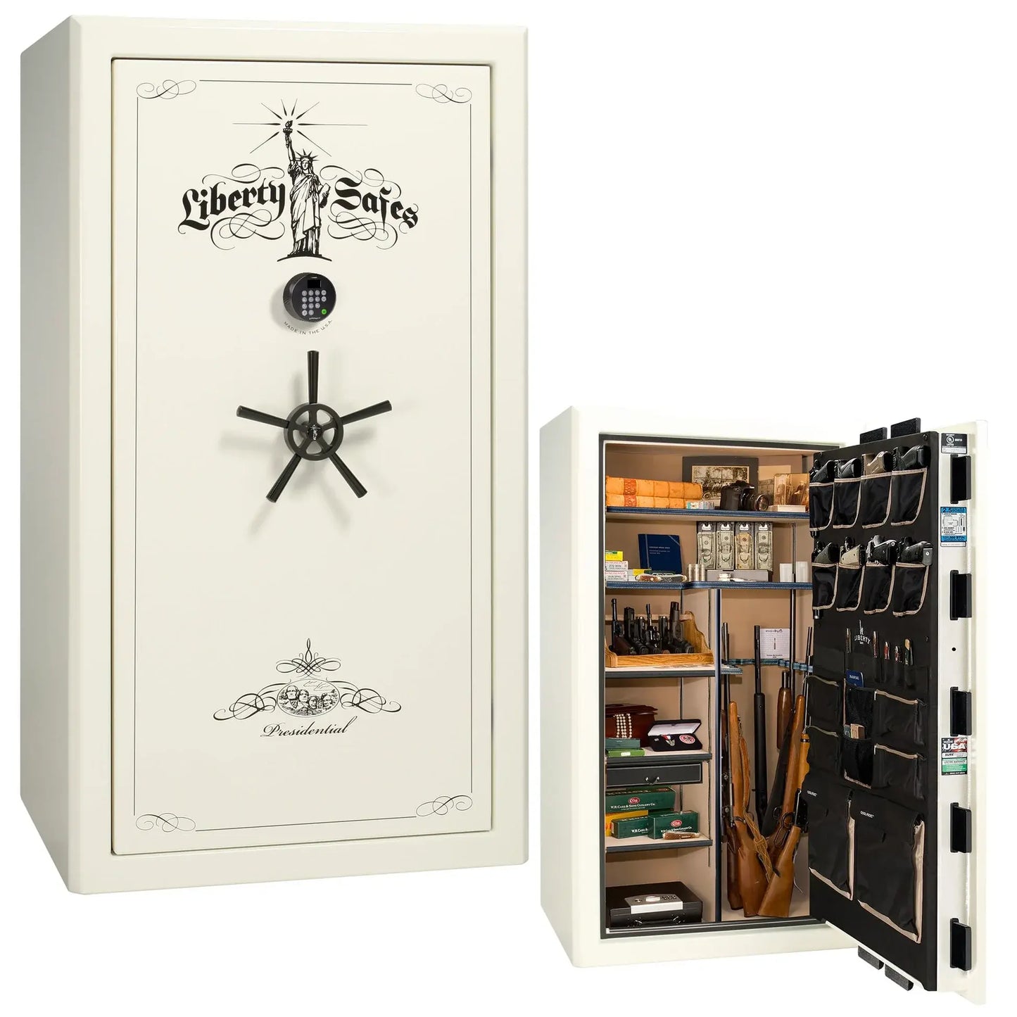 Liberty Safe Presidential 40 in White Gloss with Black Chrome Electronic Lock, closed door.
