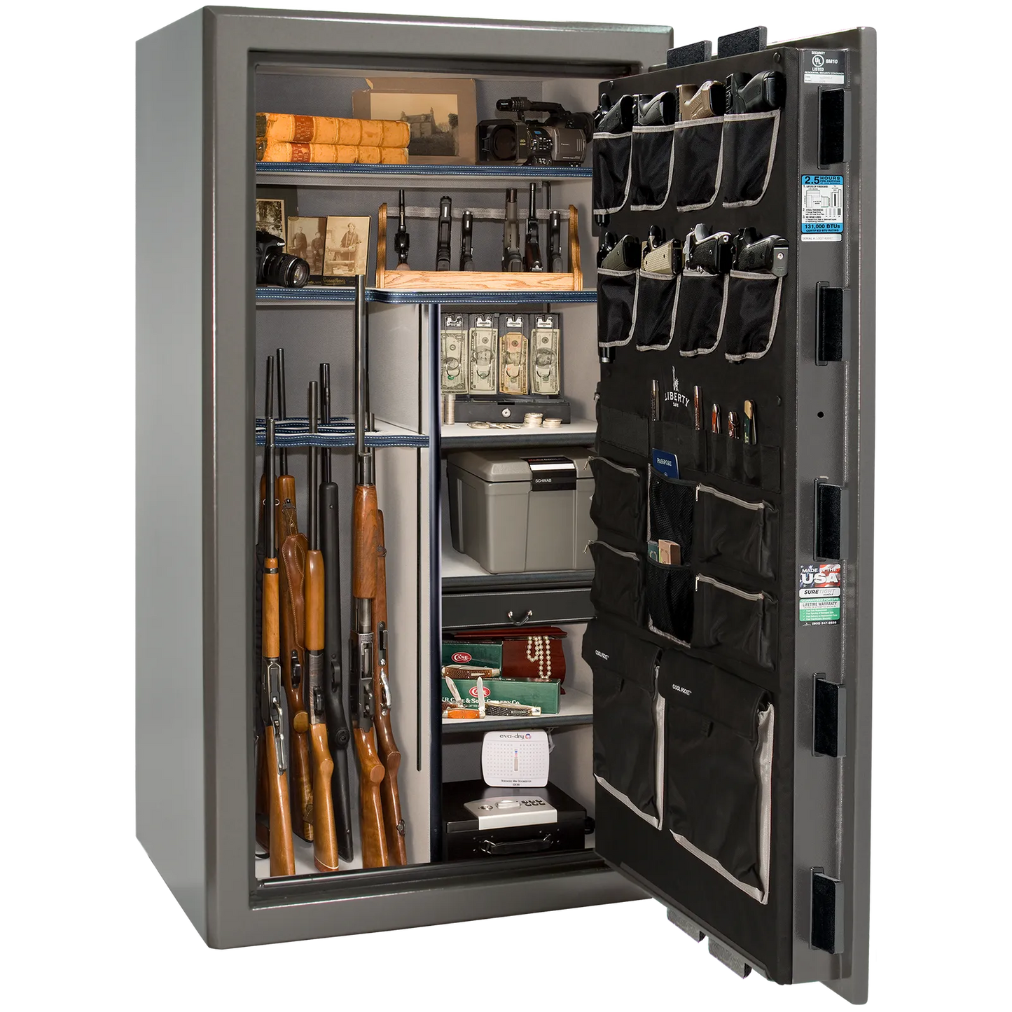 Liberty Safe Presidential 40 in Gray Charcoal Gloss, open door.
