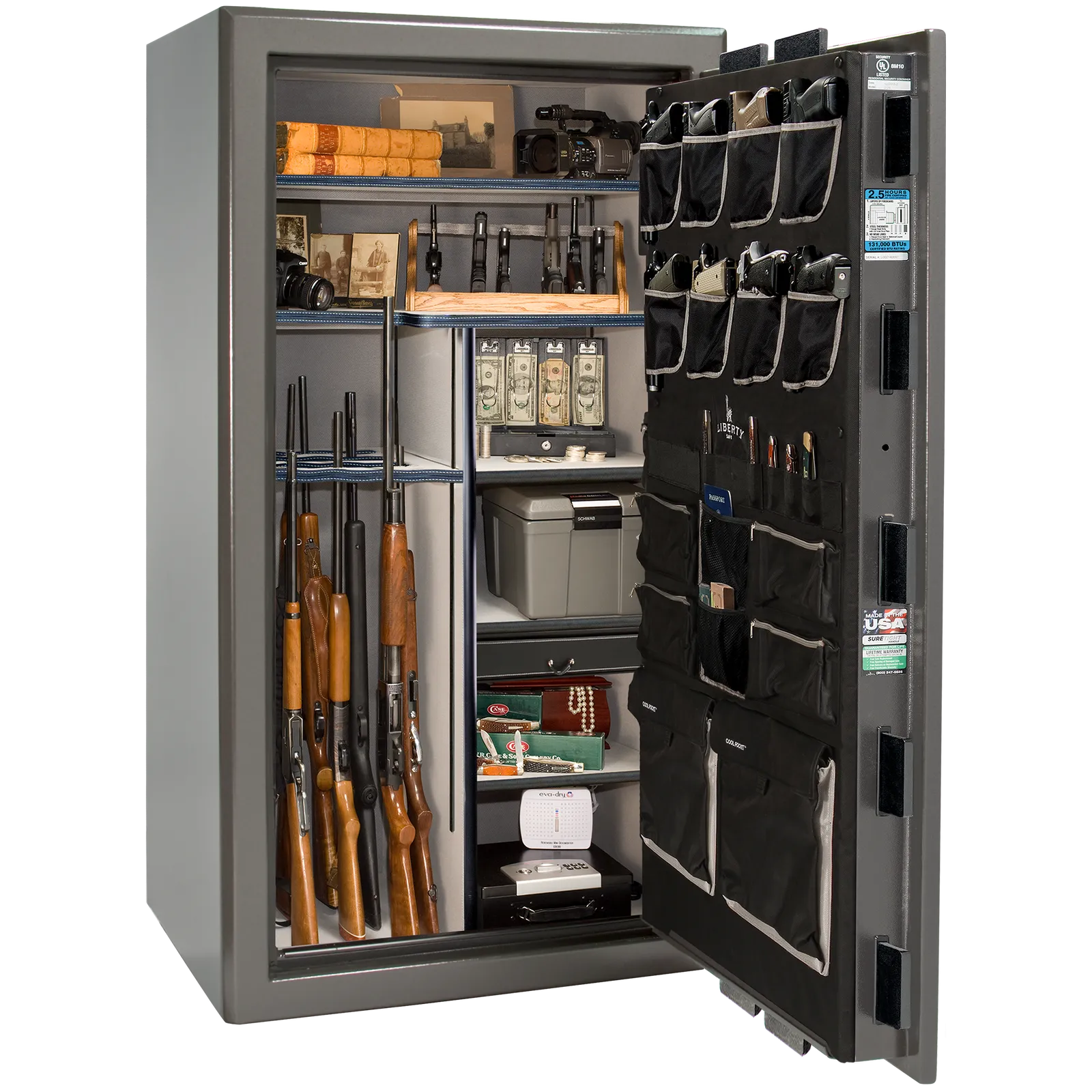 Liberty Safe Presidential 40 in Gray Charcoal Gloss, open door.