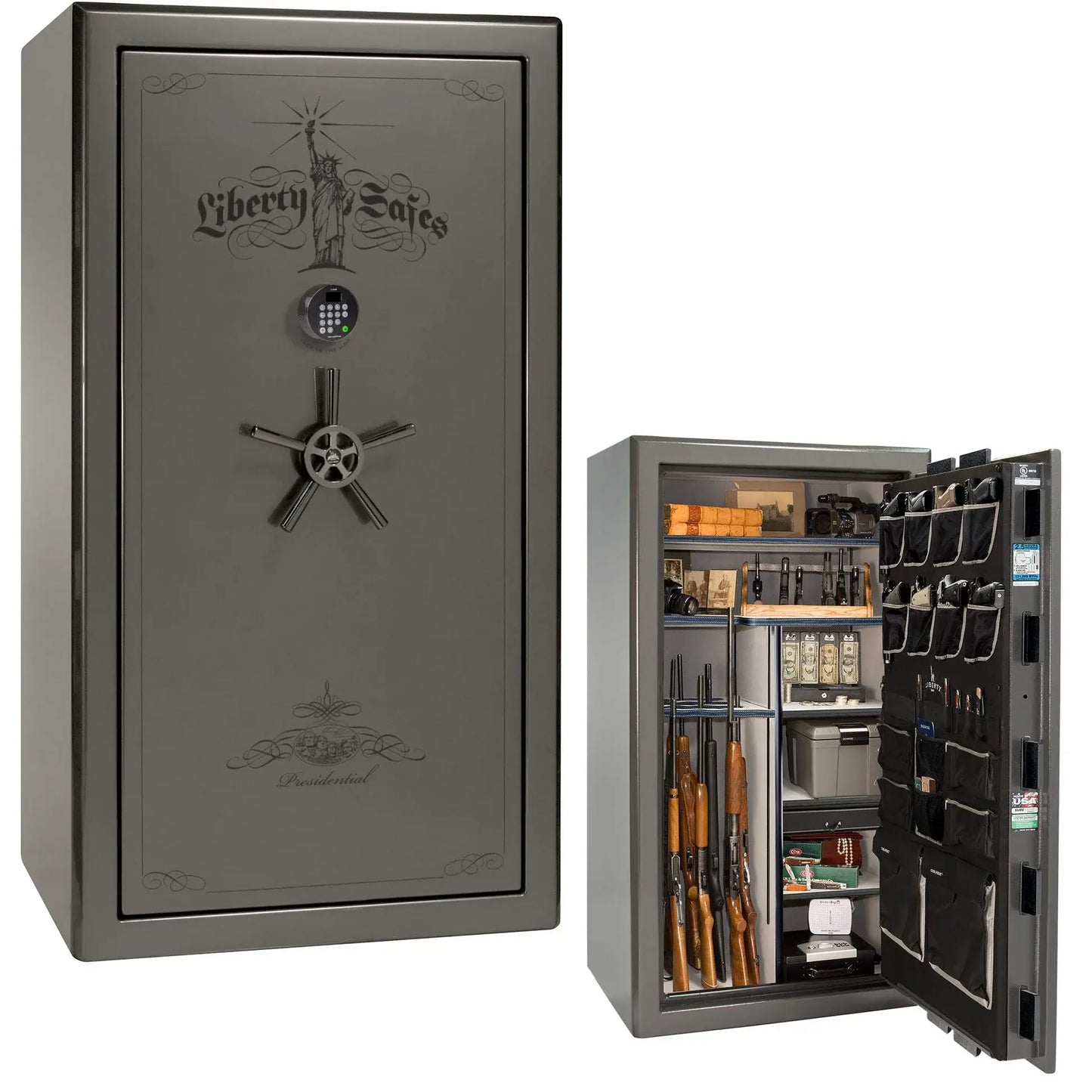Liberty Safe Presidential 40 in Gray Charcoal Gloss with Black Chrome Electronic Lock, closed door.