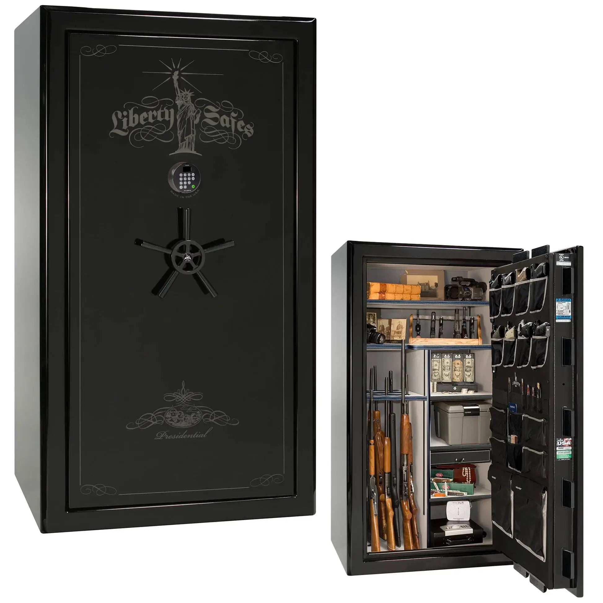Liberty Safe Presidential 40 in Black Mirror Gloss with Black Chrome Electronic Lock, closed door.