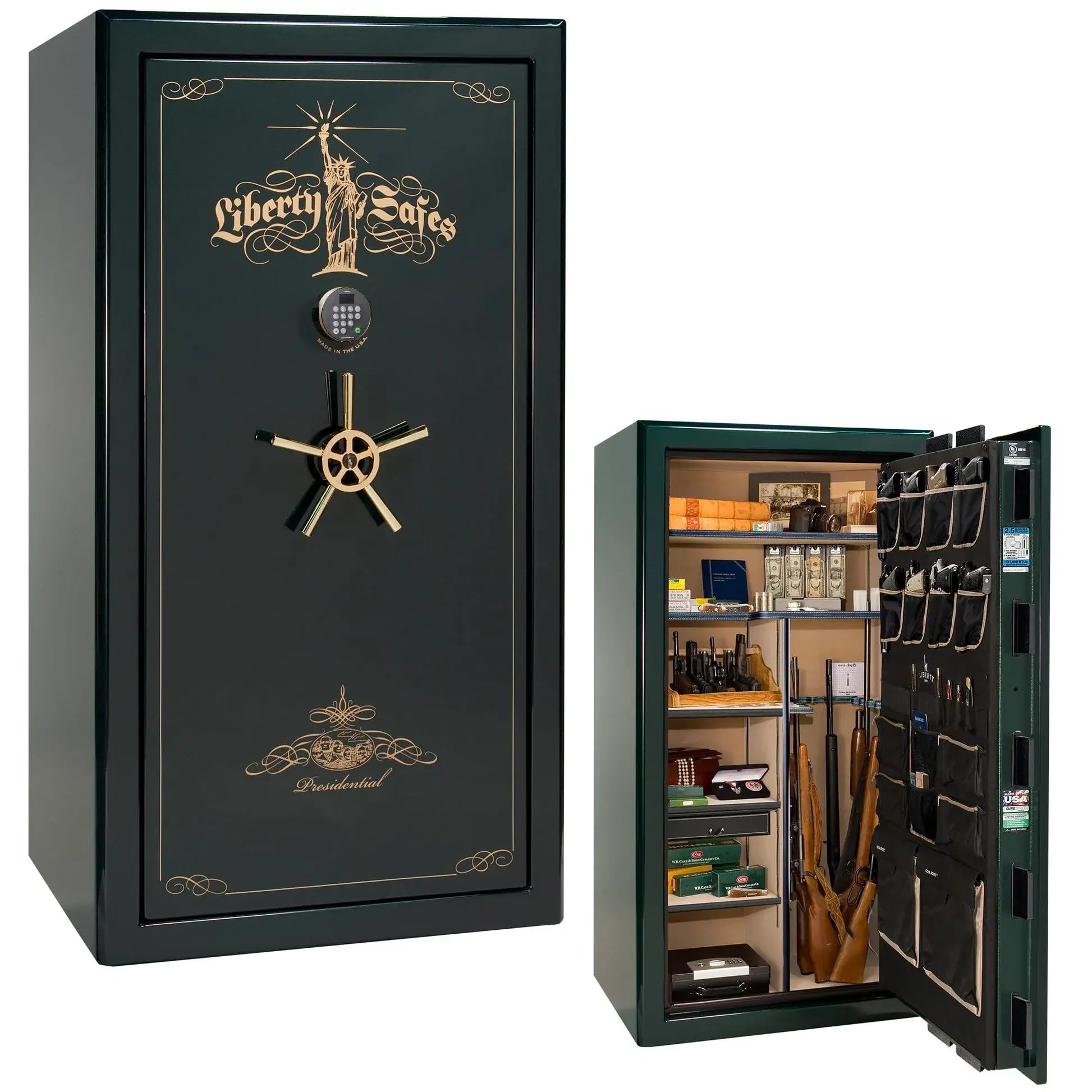 Liberty Safe Presidential 40 in Emerald Green with gold hardware