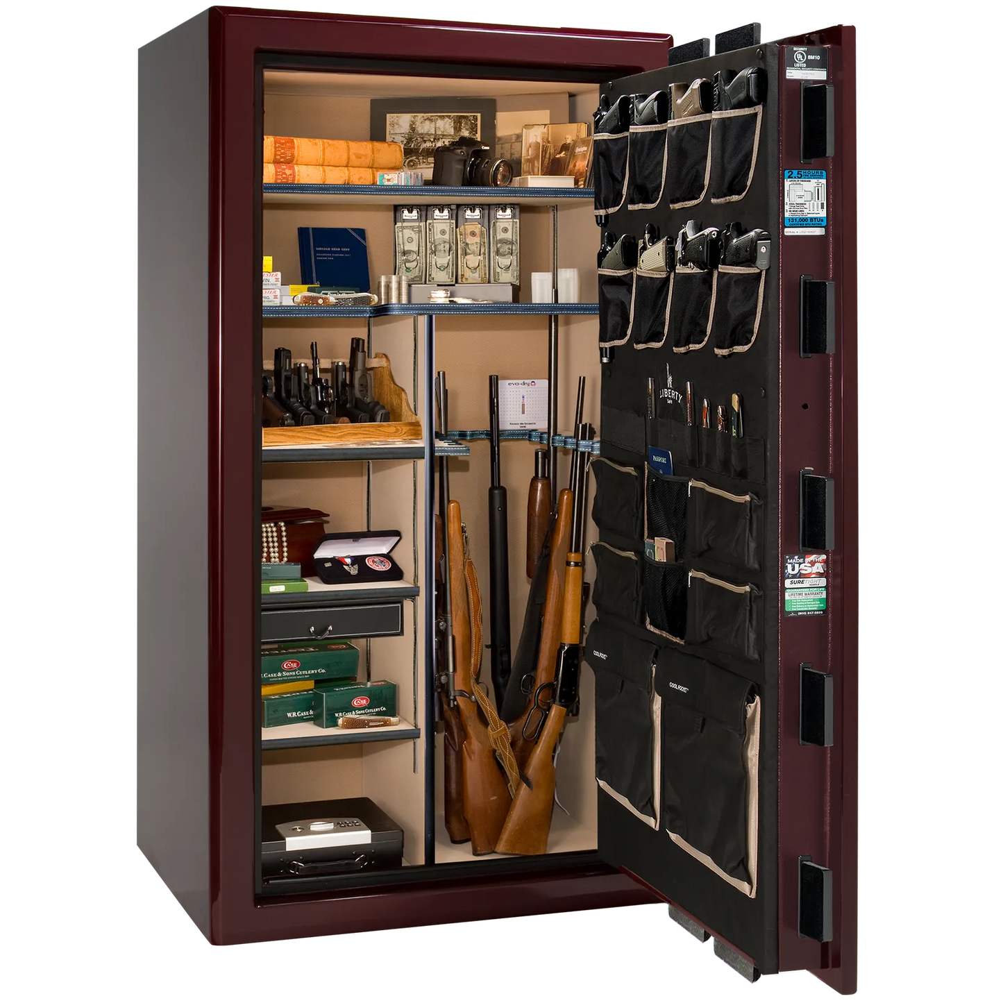 Liberty Safe Presidential 40 in Burgundy Gloss, open door.