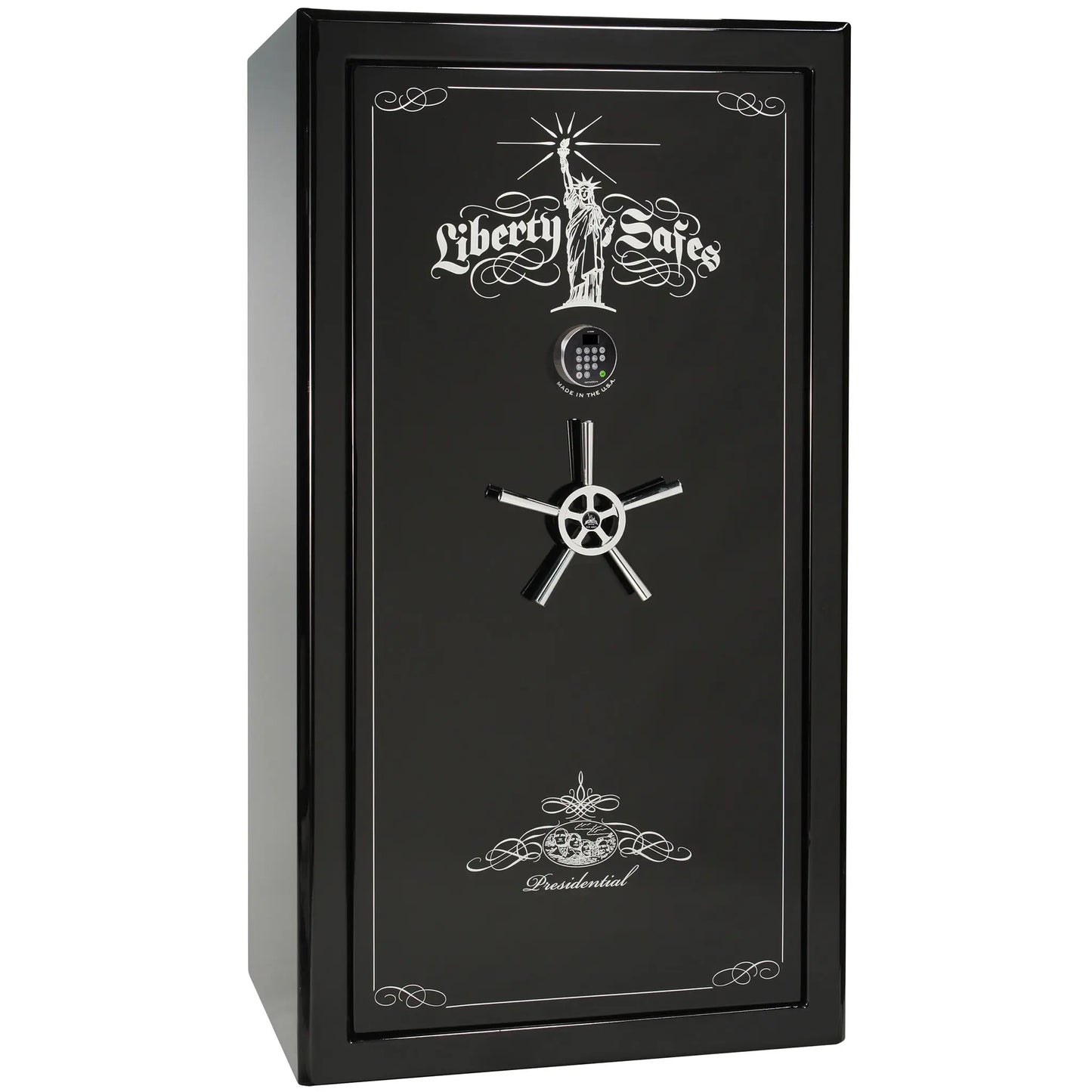 Liberty Safe Presidential 40 in Burgundy Marble with Black Chrome hardware, open door.