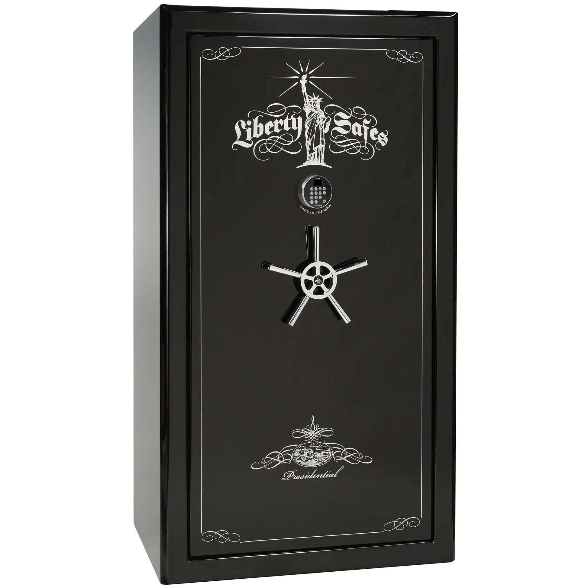 Liberty Safe Presidential 40 in Burgundy Marble with Black Chrome hardware, open door.