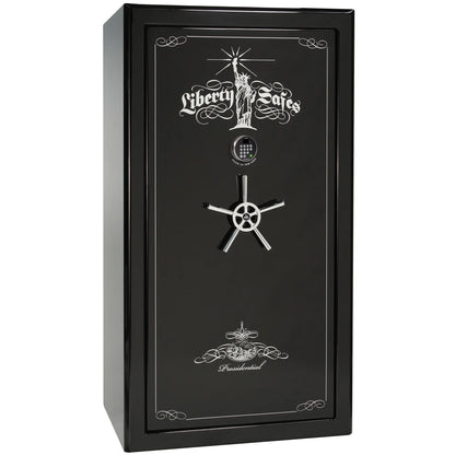 Liberty Safe Presidential 40 in Burgundy Marble with Black Chrome hardware, open door.