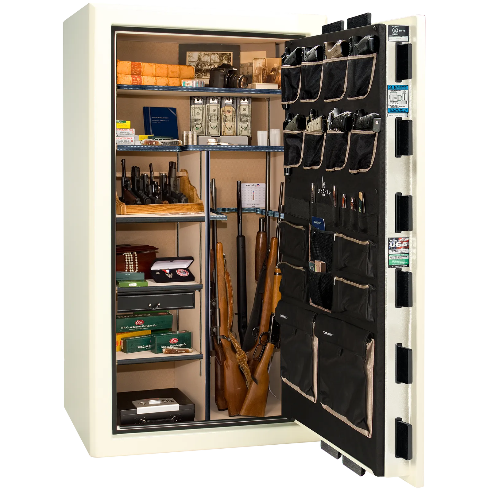 Liberty Safe Presidential 40 in White Marble with Black Chrome hardware, open door.